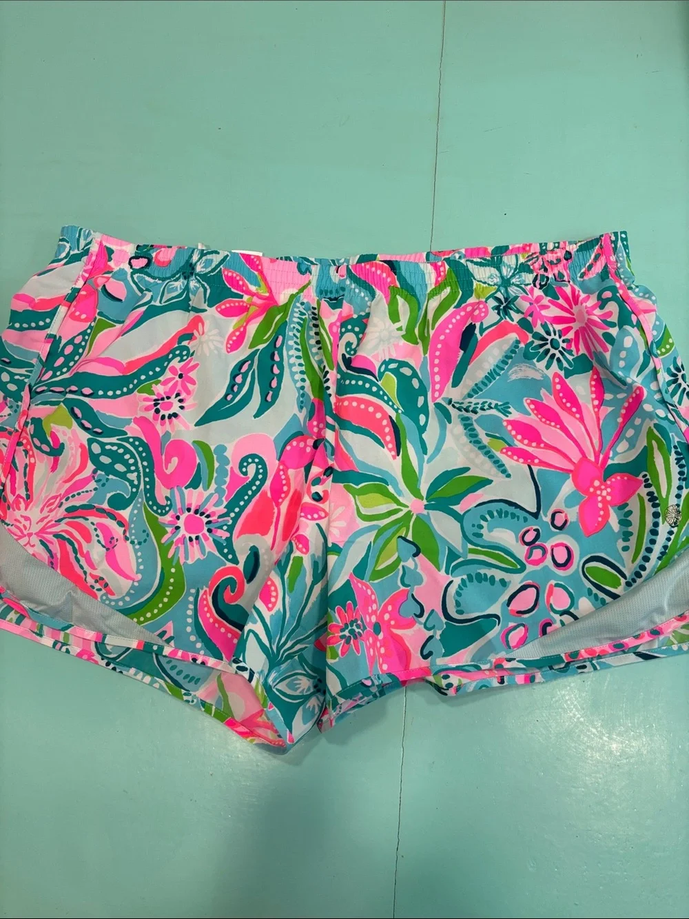 Lilly Pulitzer Tropical Floral Athletic Shorts in Pink & Teal - Picture 1 of 5